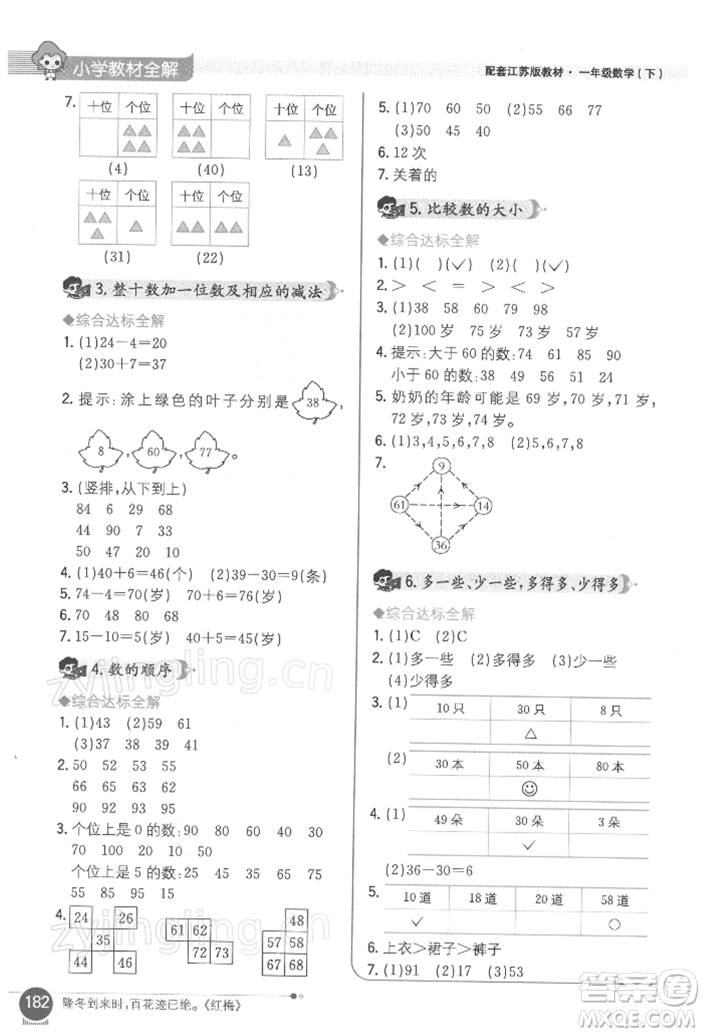 陜西人民教育出版社2022小學教材全解一年級數(shù)學下冊江蘇版參考答案