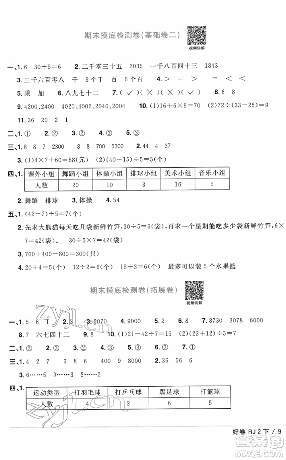 江西教育出版社2022陽光同學(xué)一線名師全優(yōu)好卷單元標(biāo)準(zhǔn)卷+期末復(fù)習(xí)卷二年級(jí)數(shù)學(xué)下冊(cè)RJ人教版答案