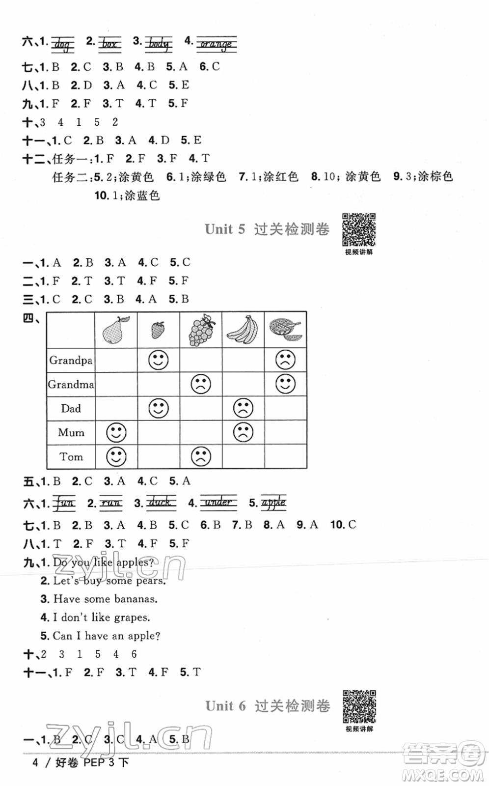 江西教育出版社2022陽光同學一線名師全優(yōu)好卷單元標準卷+期末復習卷三年級英語下冊PEP版答案