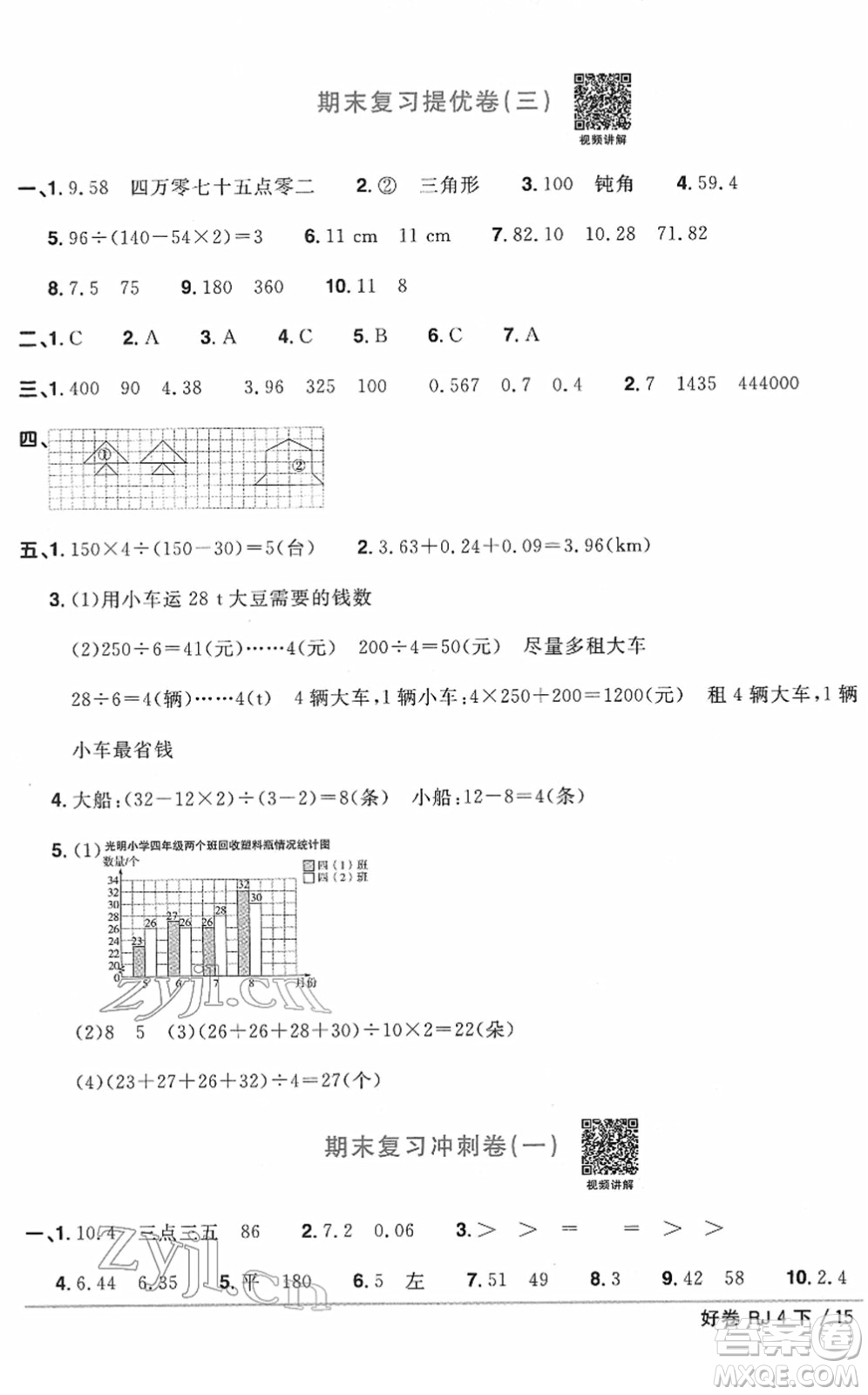 江西教育出版社2022陽光同學(xué)一線名師全優(yōu)好卷單元標(biāo)準(zhǔn)卷+期末復(fù)習(xí)卷四年級(jí)數(shù)學(xué)下冊(cè)RJ人教版答案