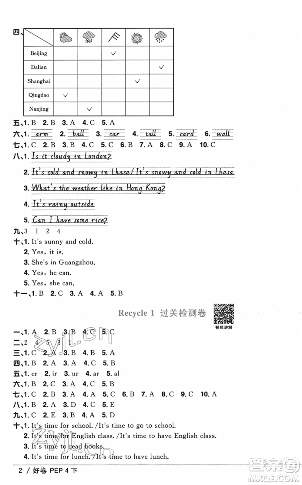 江西教育出版社2022陽(yáng)光同學(xué)一線名師全優(yōu)好卷單元標(biāo)準(zhǔn)卷+期末復(fù)習(xí)卷四年級(jí)英語(yǔ)下冊(cè)PEP版答案