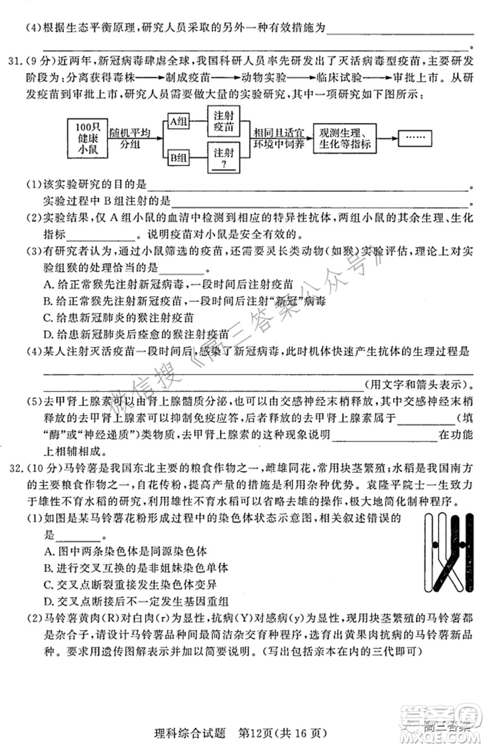 湘豫名校聯(lián)考2022年3月高三理科綜合試題及答案