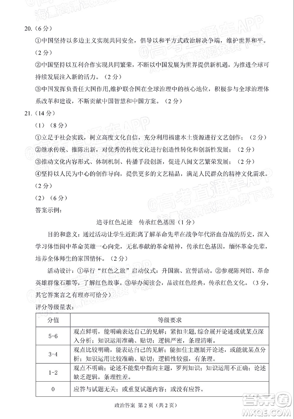 莆田市2022屆高中畢業(yè)班第二次教學(xué)質(zhì)量檢測試卷政治試題及答案