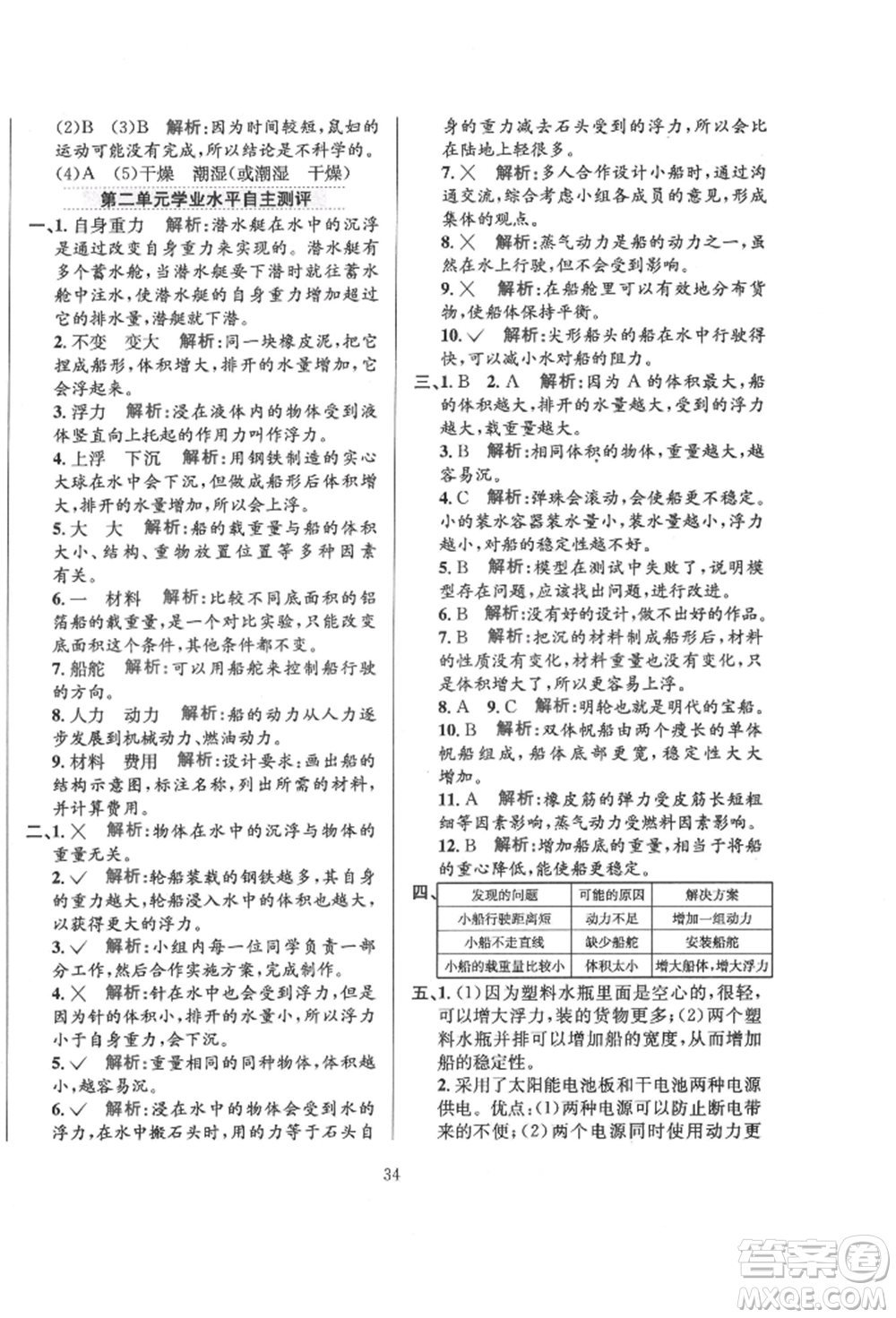 陜西人民教育出版社2022小學(xué)教材全練五年級(jí)科學(xué)下冊(cè)教育科學(xué)版參考答案