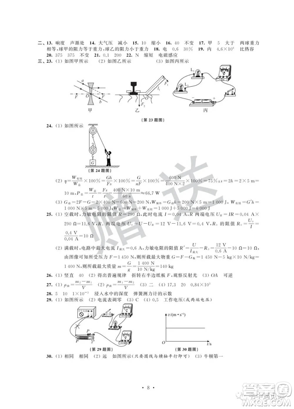 江蘇鳳凰科學技術(shù)出版社2022取勝通關(guān)中考模擬卷能力提升九年級物理通用版參考答案