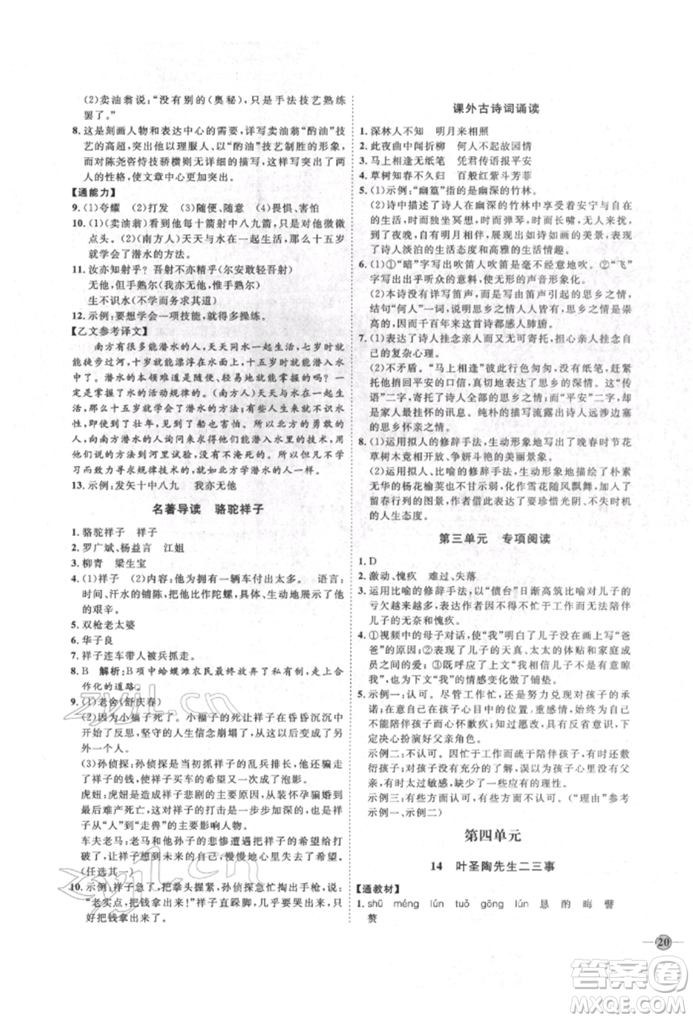 延邊教育出版社2022優(yōu)+學(xué)案課時通七年級語文下冊P版參考答案