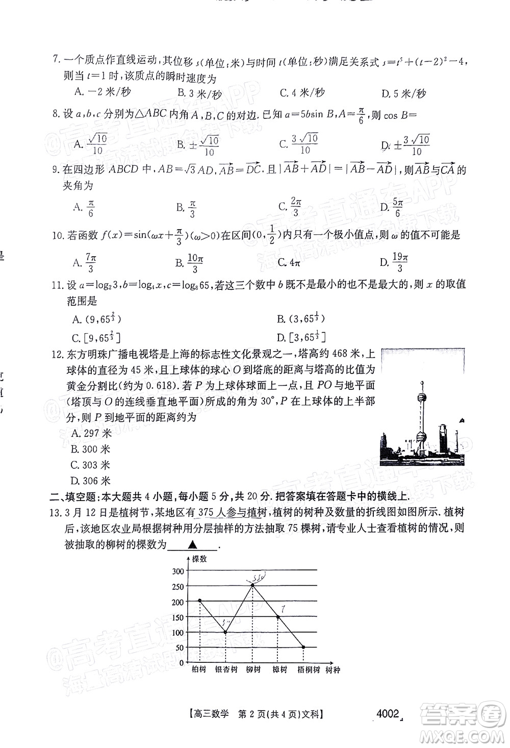 2022屆黔東南金太陽3月聯(lián)考高三文科數(shù)學試題及答案 4002