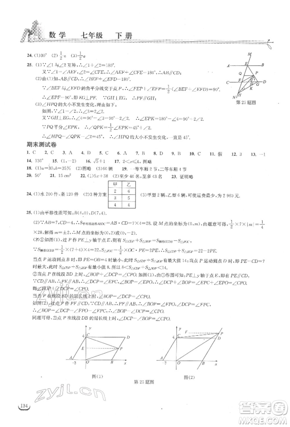 湖北教育出版社2022長江作業(yè)本同步練習(xí)冊七年級數(shù)學(xué)下冊人教版參考答案