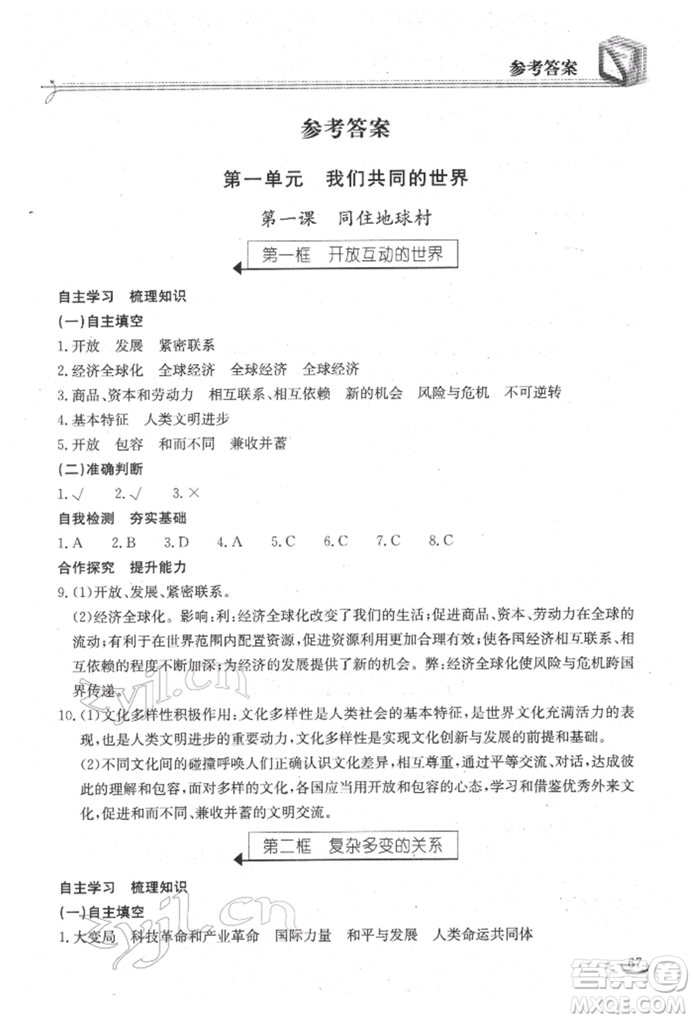 湖北教育出版社2022長江作業(yè)本同步練習冊九年級道德與法治下冊人教版參考答案