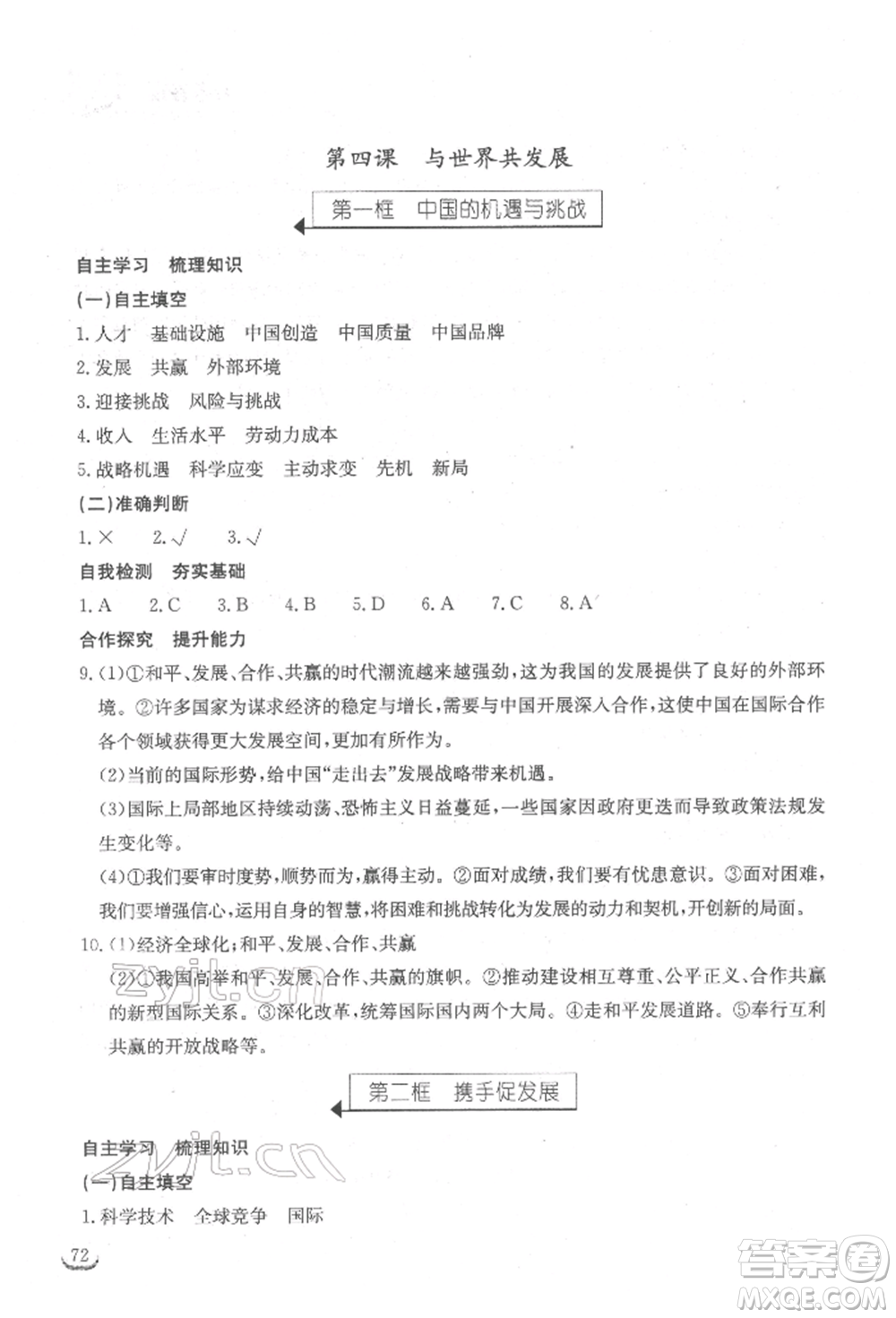 湖北教育出版社2022長江作業(yè)本同步練習冊九年級道德與法治下冊人教版參考答案