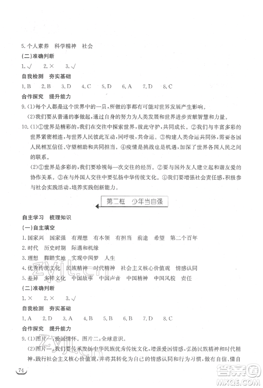 湖北教育出版社2022長江作業(yè)本同步練習冊九年級道德與法治下冊人教版參考答案