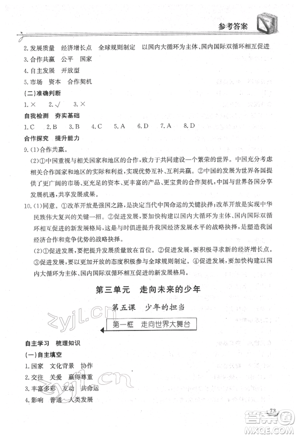 湖北教育出版社2022長江作業(yè)本同步練習冊九年級道德與法治下冊人教版參考答案