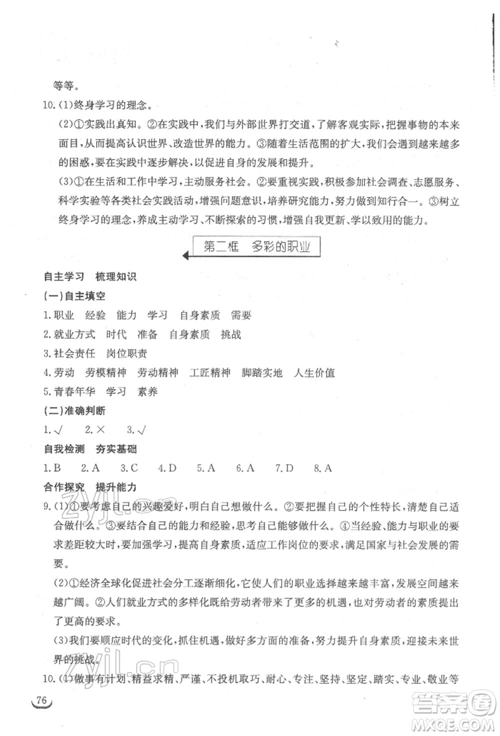 湖北教育出版社2022長江作業(yè)本同步練習冊九年級道德與法治下冊人教版參考答案