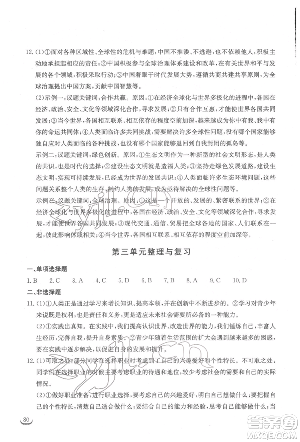 湖北教育出版社2022長江作業(yè)本同步練習冊九年級道德與法治下冊人教版參考答案