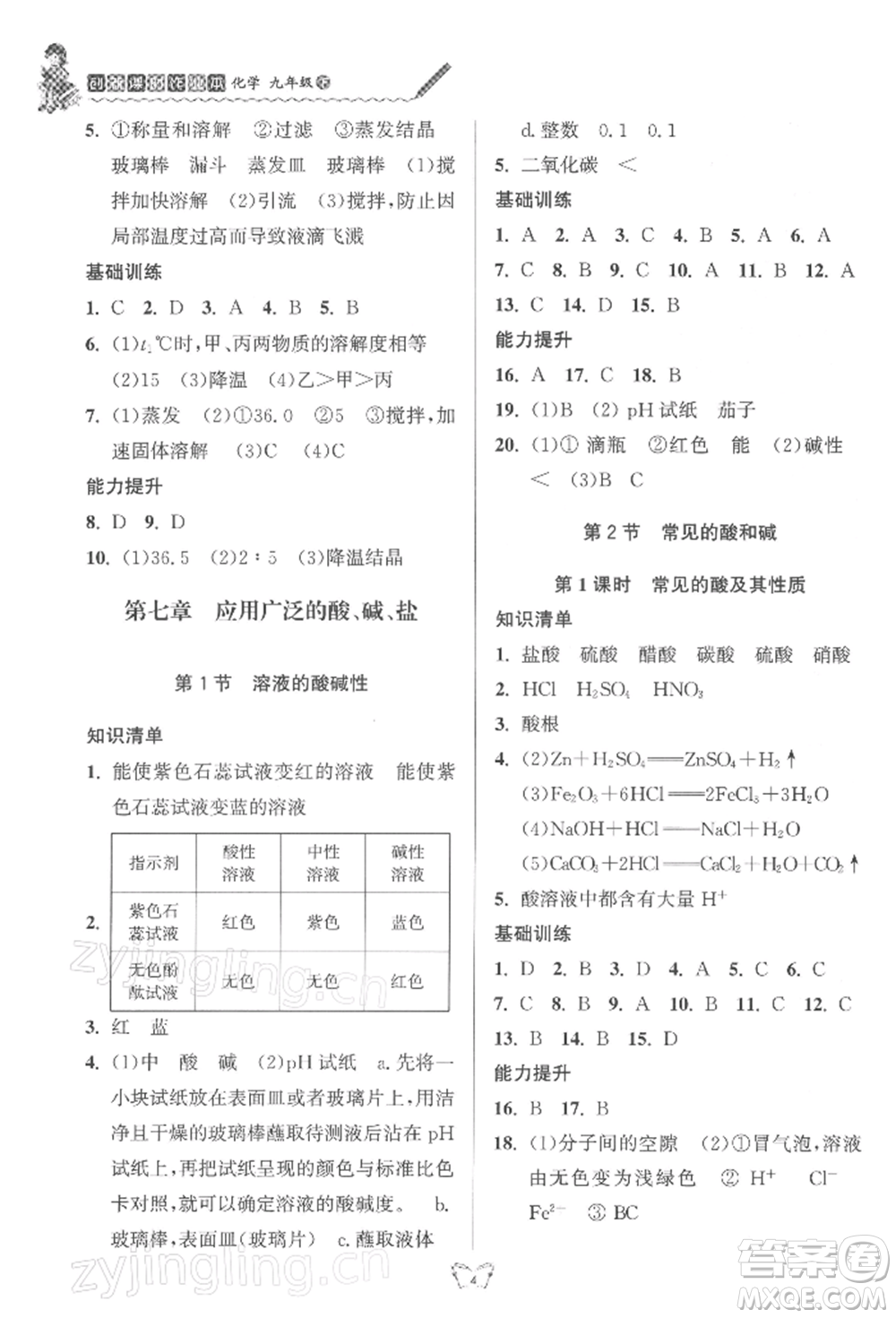 江蘇人民出版社2022創(chuàng)新課時(shí)作業(yè)本九年級(jí)化學(xué)下冊(cè)滬教版版參考答案