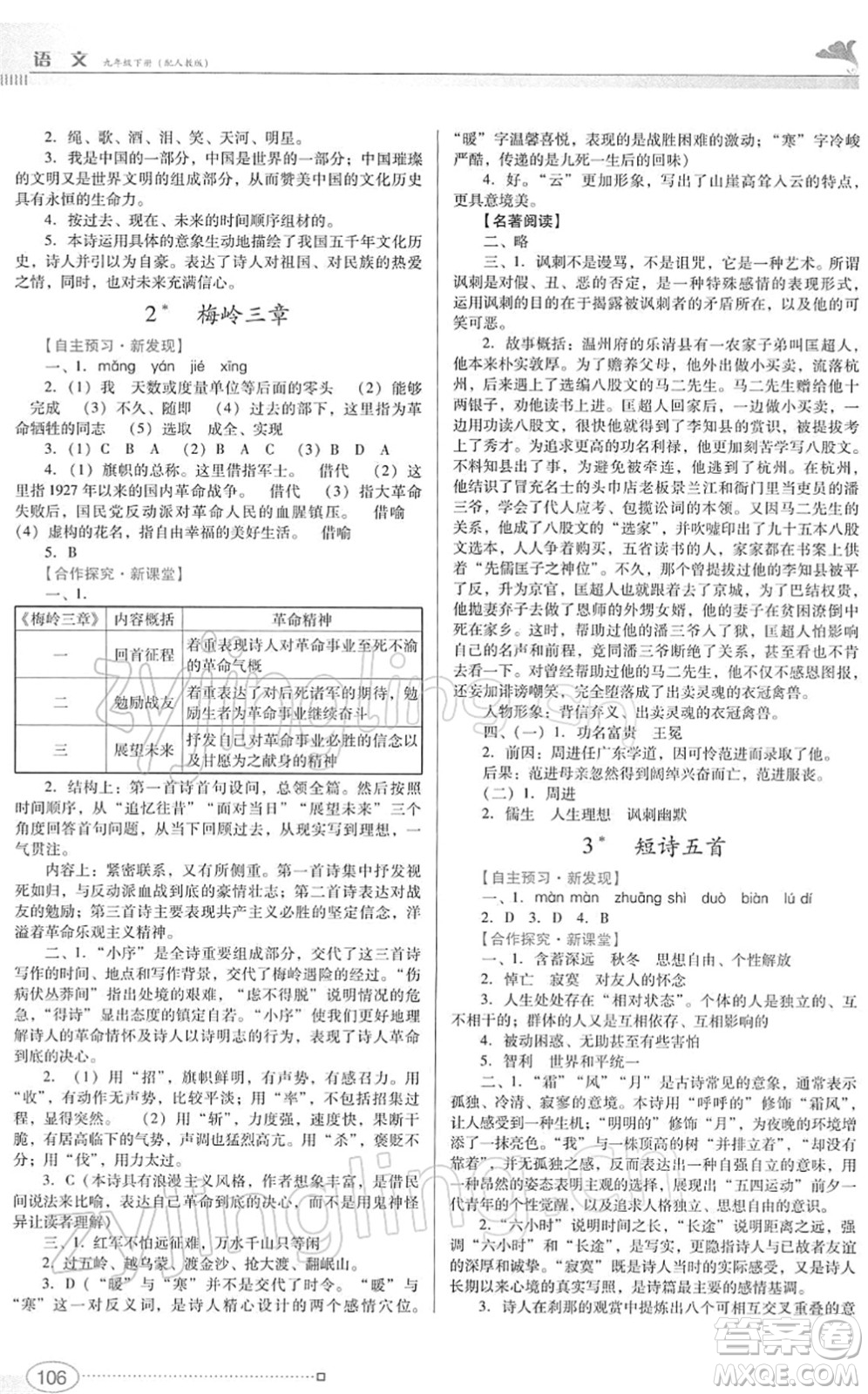 廣東教育出版社2022南方新課堂金牌學(xué)案九年級(jí)語(yǔ)文下冊(cè)人教版答案