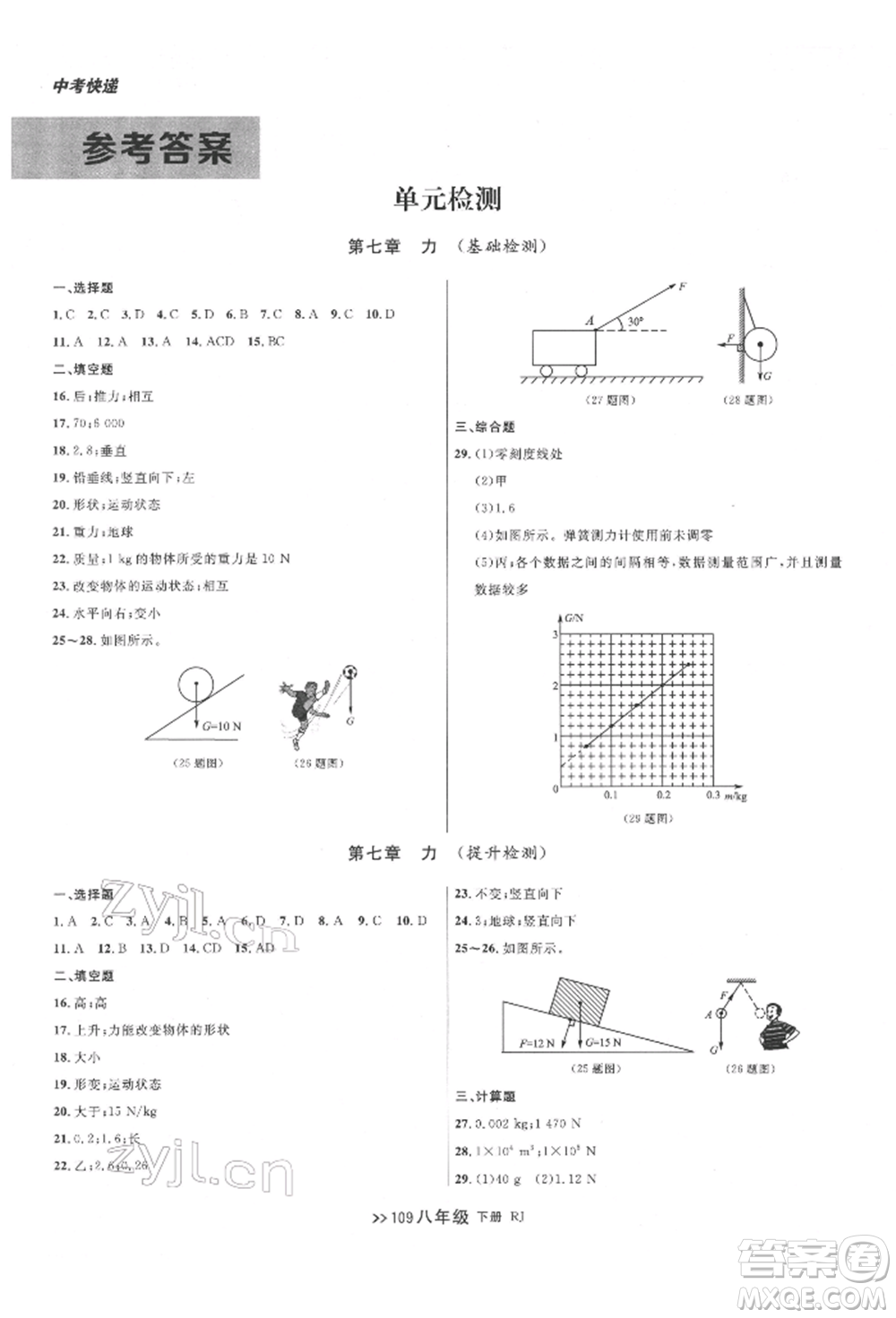 遼寧大學出版社2022中考快遞同步檢測八年級物理下冊人教版大連專版參考答案