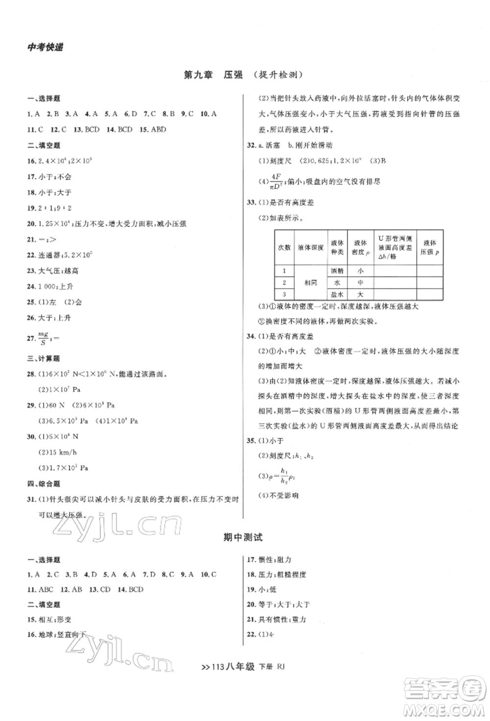 遼寧大學出版社2022中考快遞同步檢測八年級物理下冊人教版大連專版參考答案