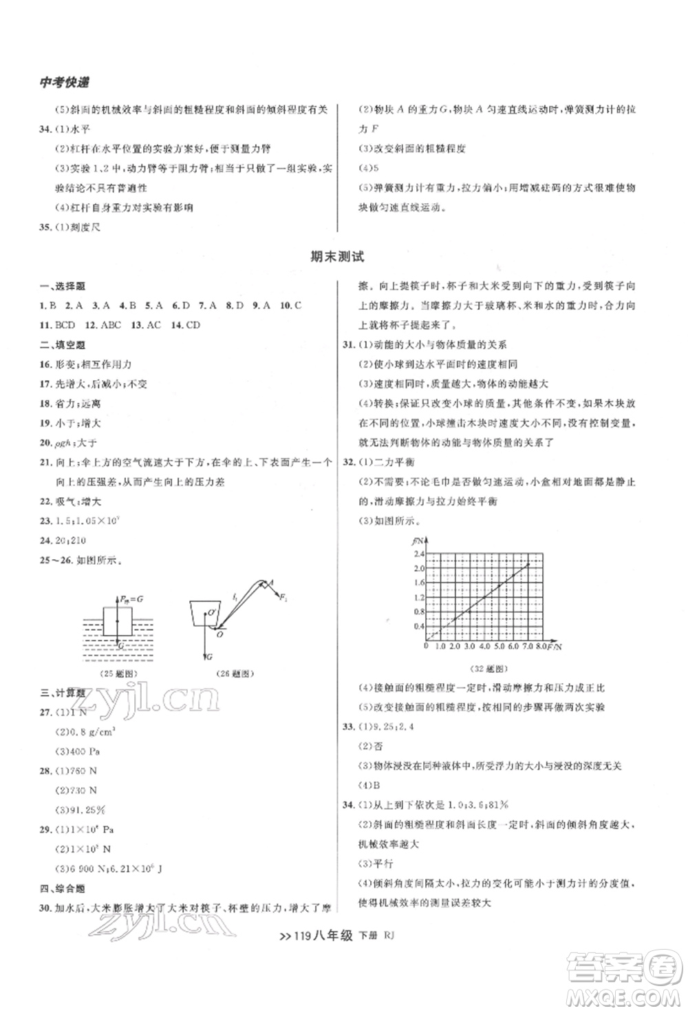 遼寧大學出版社2022中考快遞同步檢測八年級物理下冊人教版大連專版參考答案