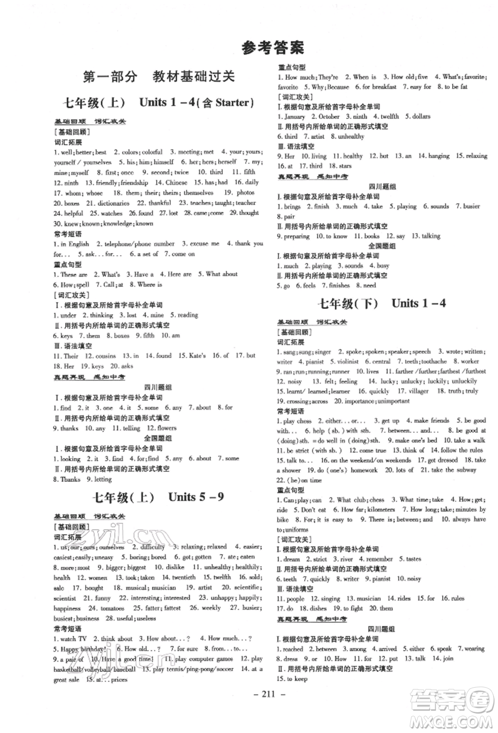 陜西人民教育出版社2022中考總復(fù)習(xí)導(dǎo)與練英語通用版四川專用參考答案