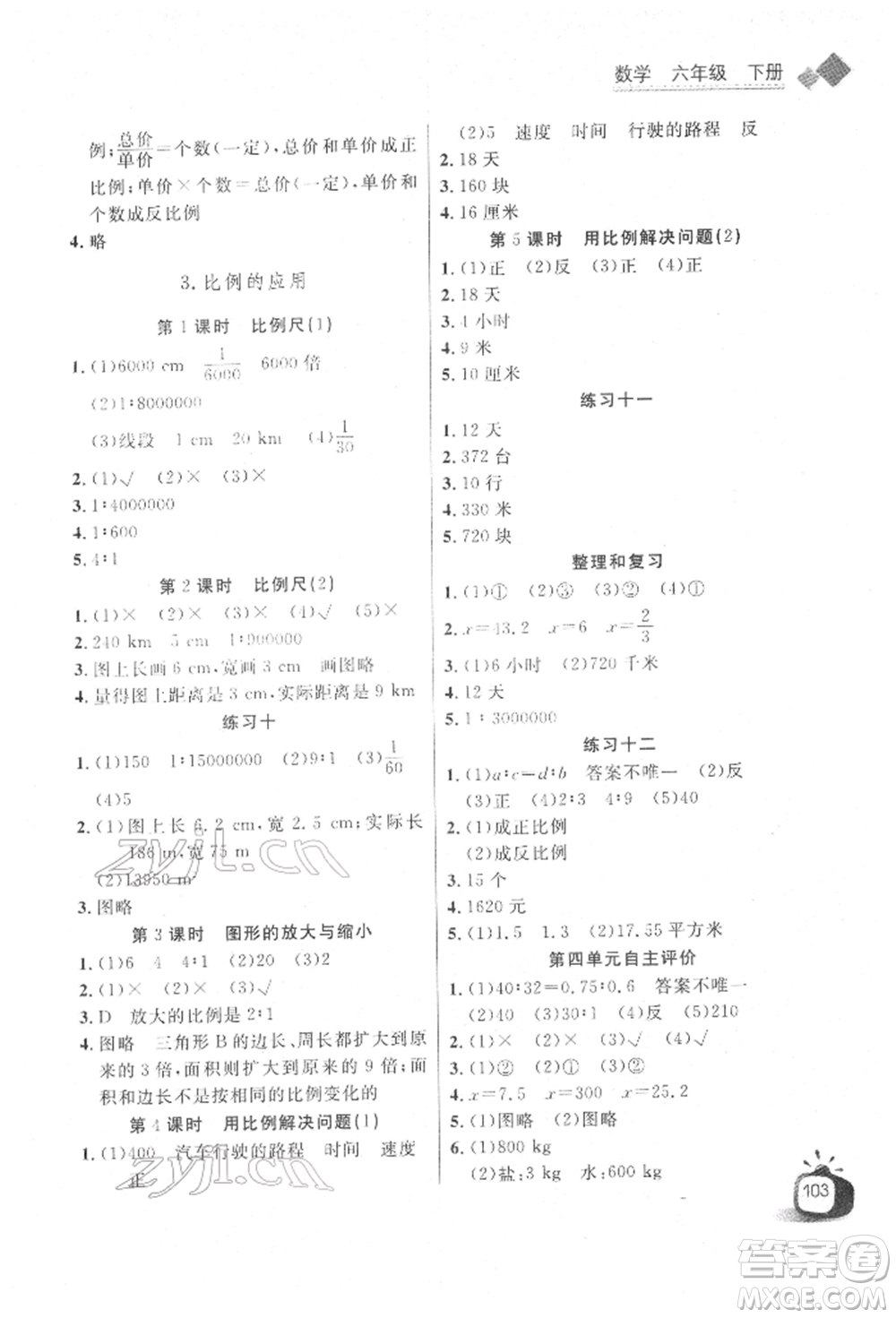 長江少年兒童出版社2022長江全能學案同步練習冊六年級數(shù)學下冊人教版參考答案