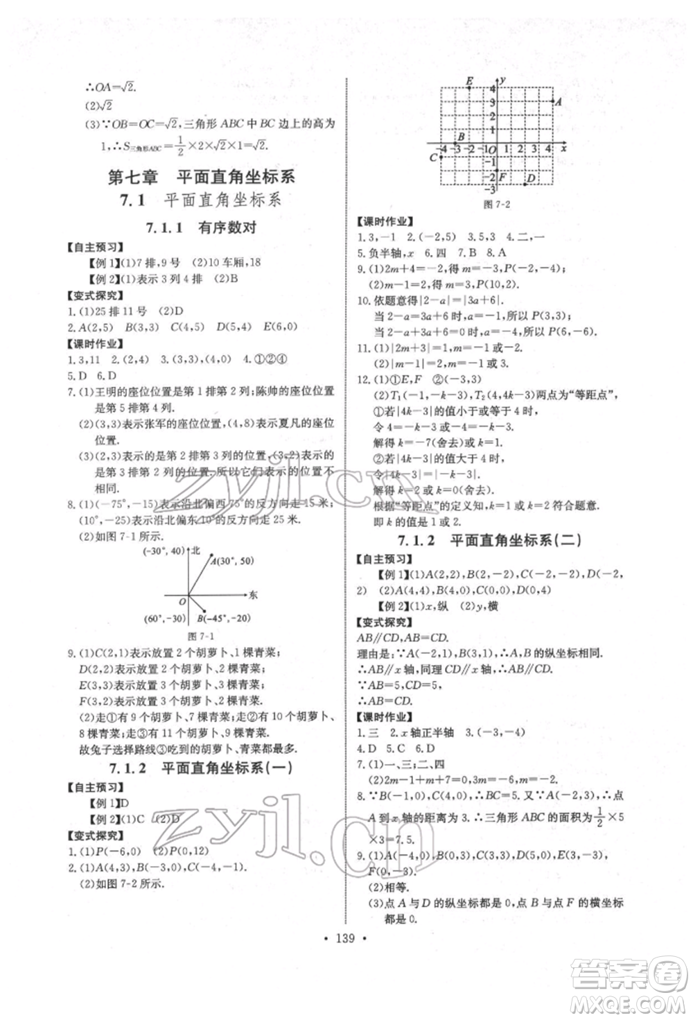 長江少年兒童出版社2022長江全能學(xué)案同步練習(xí)冊七年級數(shù)學(xué)下冊人教版參考答案