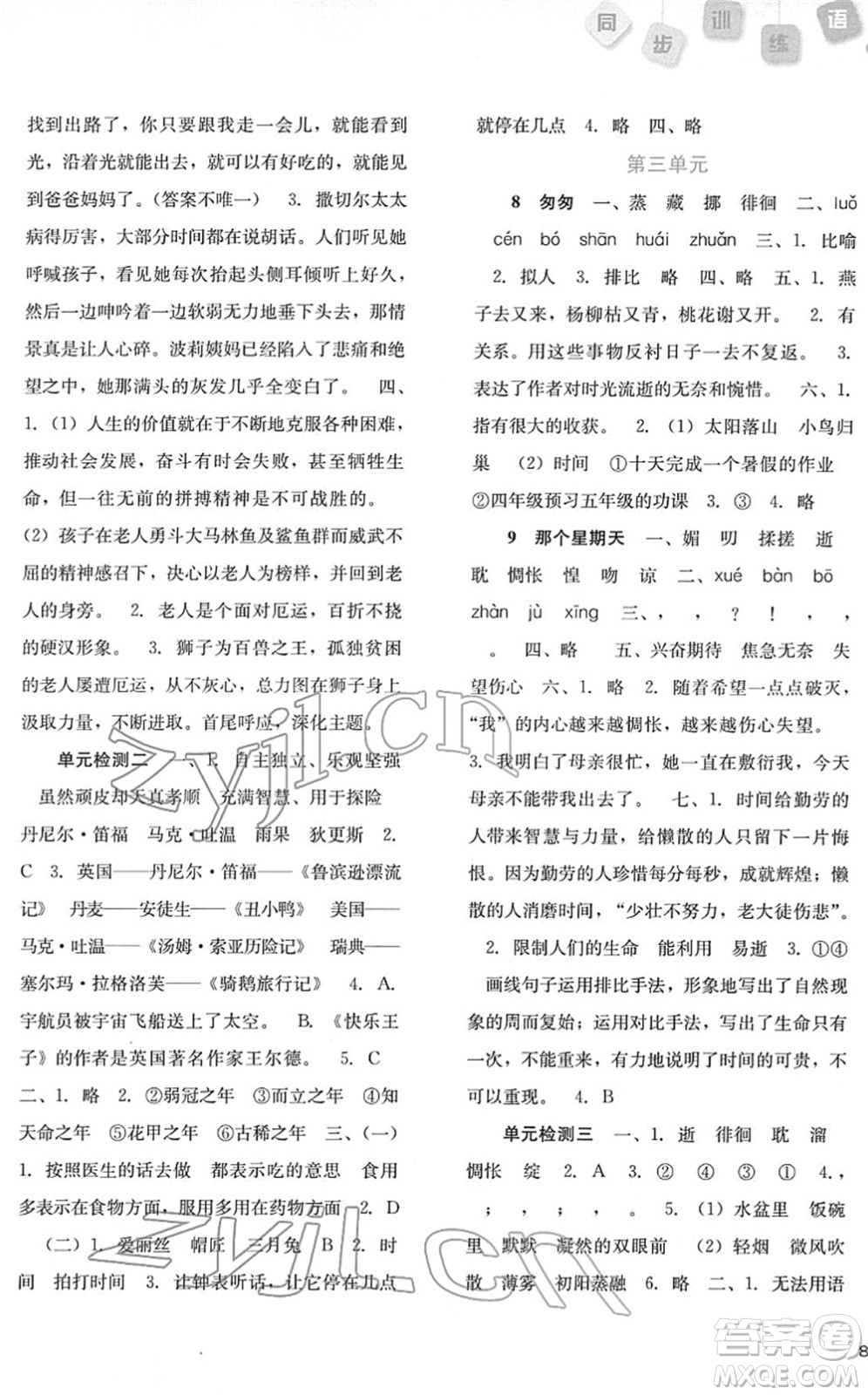 河北人民出版社2022同步訓(xùn)練六年級(jí)語(yǔ)文下冊(cè)人教版答案