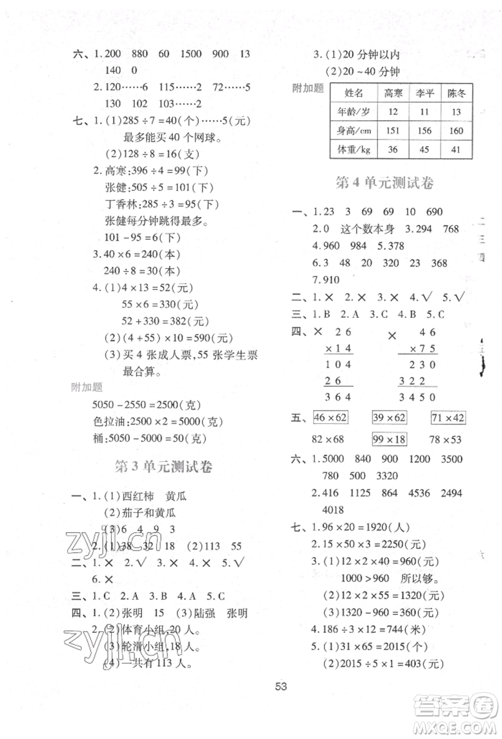 人民教育出版社2022新課程學(xué)習(xí)與評價(jià)三年級數(shù)學(xué)下冊人教版參考答案