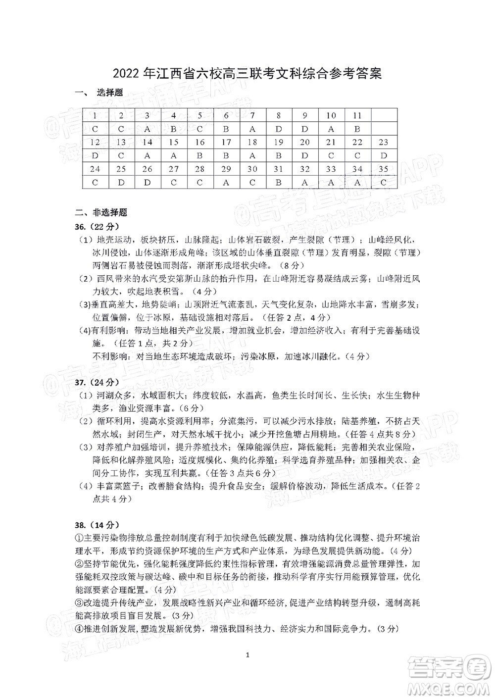 2022年江西省六校高三3月聯(lián)考文科綜合答案