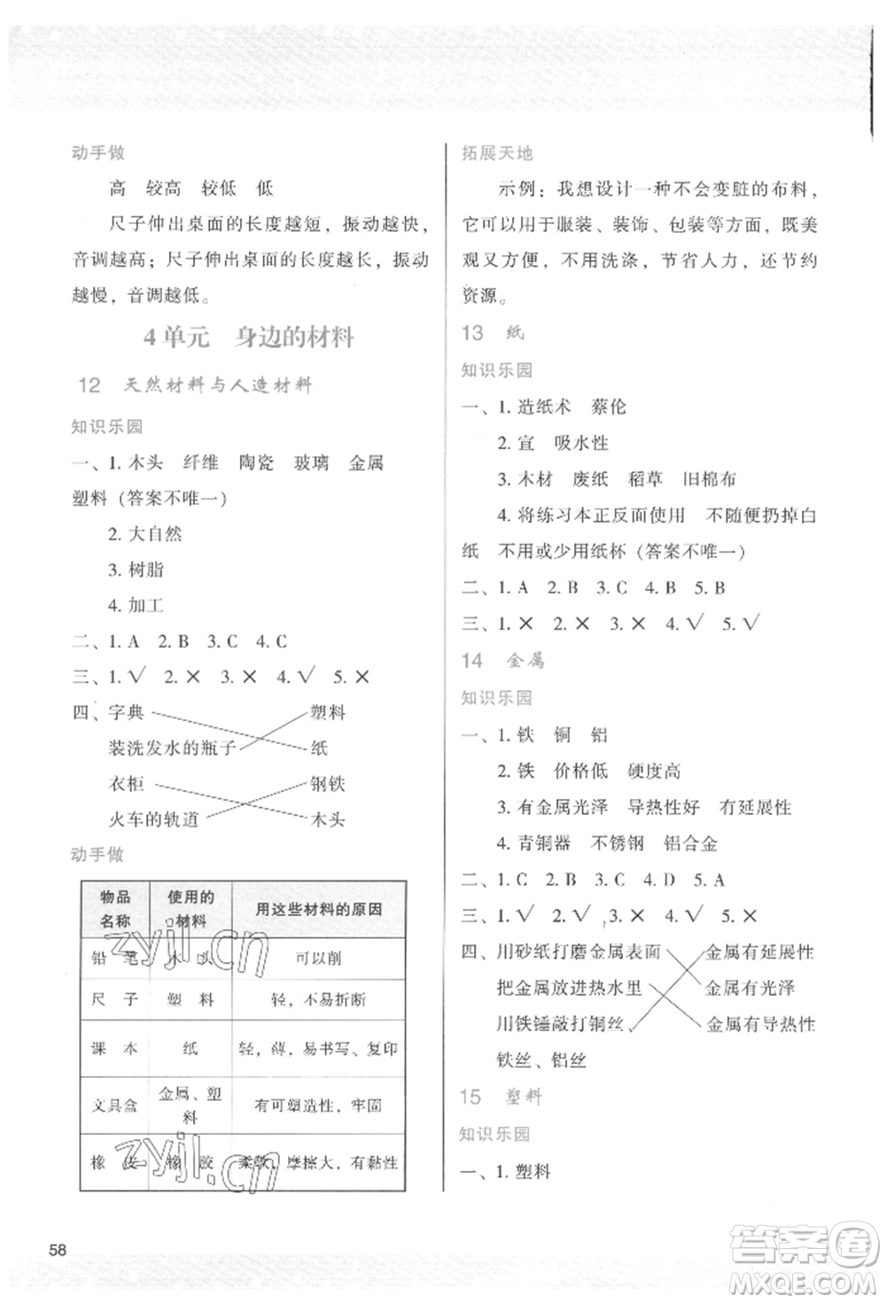 陜西人民教育出版社2022新課程學習與評價三年級科學下冊蘇教版參考答案