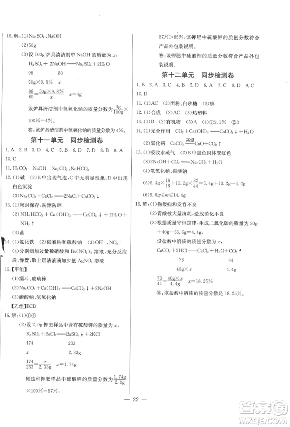 長江少年兒童出版社2022思維新觀察九年級化學下冊人教版參考答案