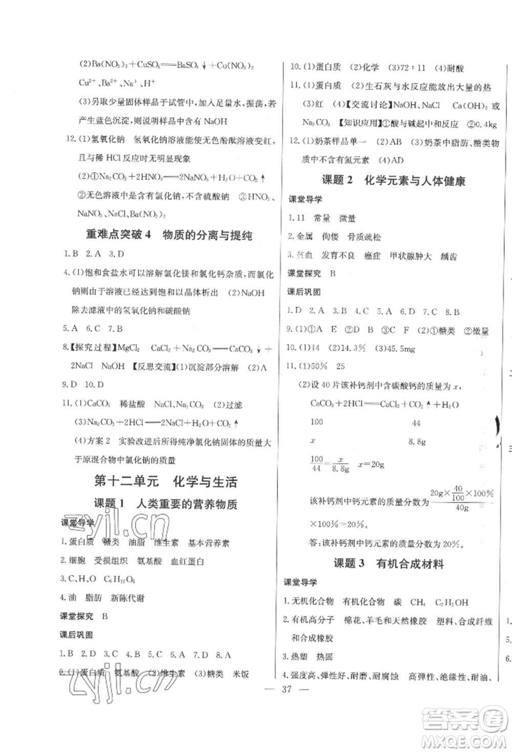 長江少年兒童出版社2022思維新觀察九年級化學下冊人教版參考答案