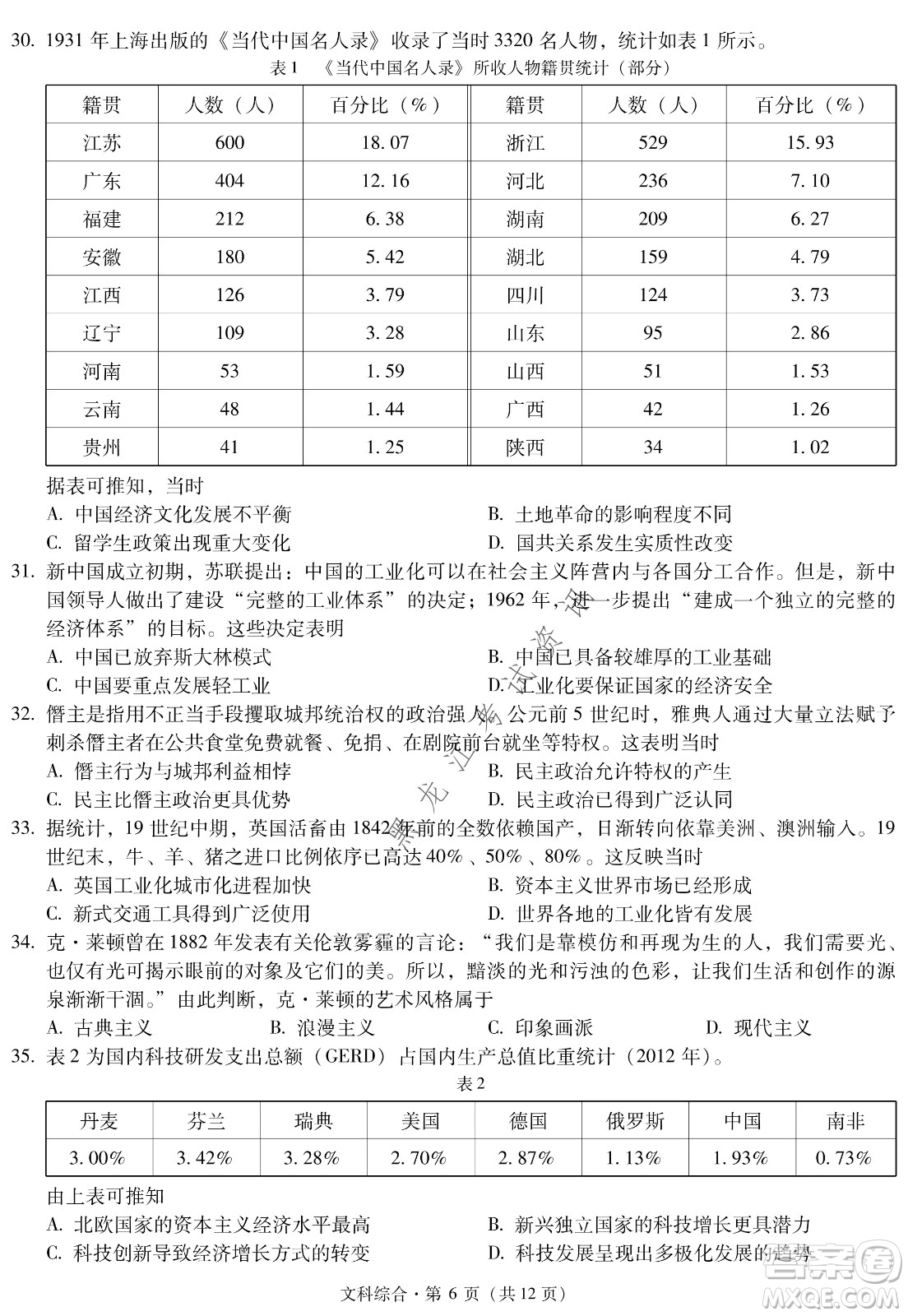 昆明一中、銀川一中高三聯(lián)合考試一模文科綜合試卷及答案