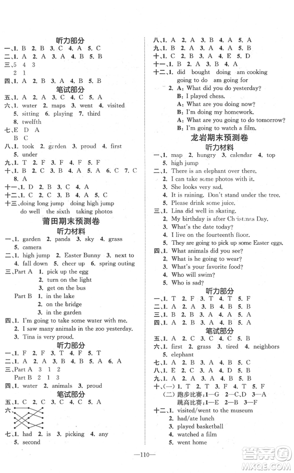 陽光出版社2022培優(yōu)作業(yè)本五年級英語下冊MJ閩教版福建專版答案