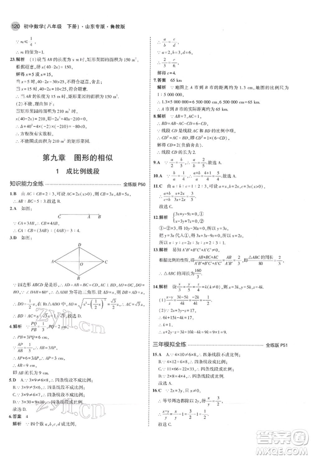 教育科學(xué)出版社2022年5年中考3年模擬八年級(jí)數(shù)學(xué)下冊(cè)魯教版山東專版參考答案