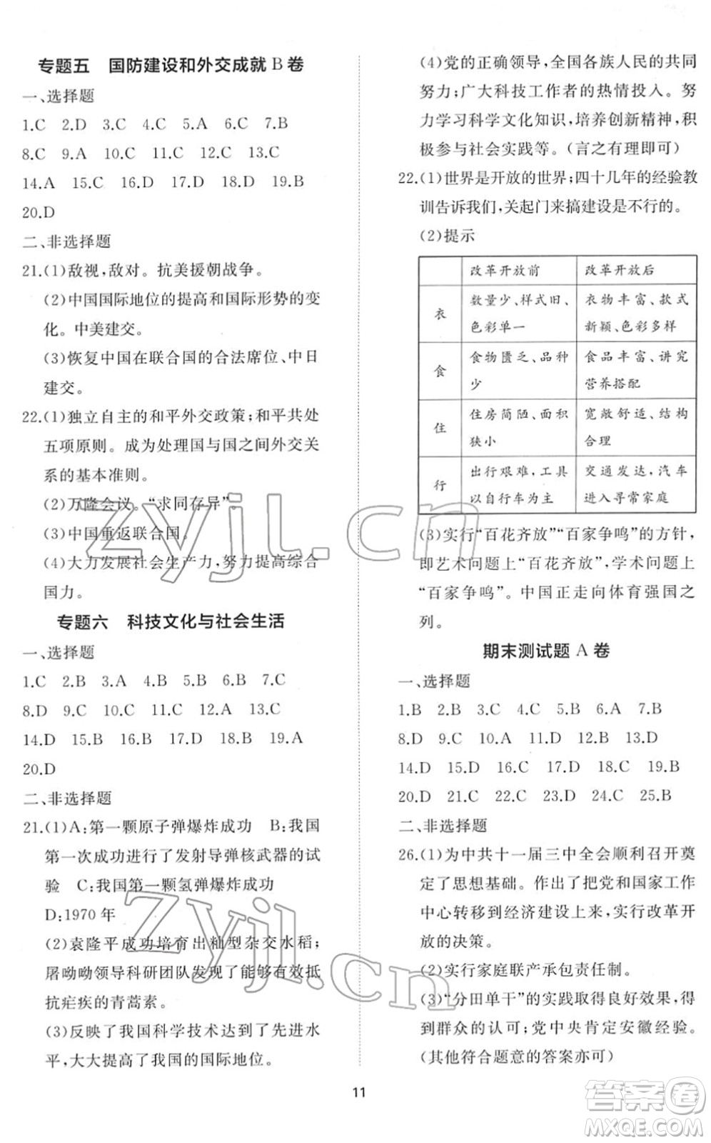 山東友誼出版社2022初中同步練習(xí)冊(cè)提優(yōu)測(cè)試卷八年級(jí)歷史下冊(cè)人教版答案