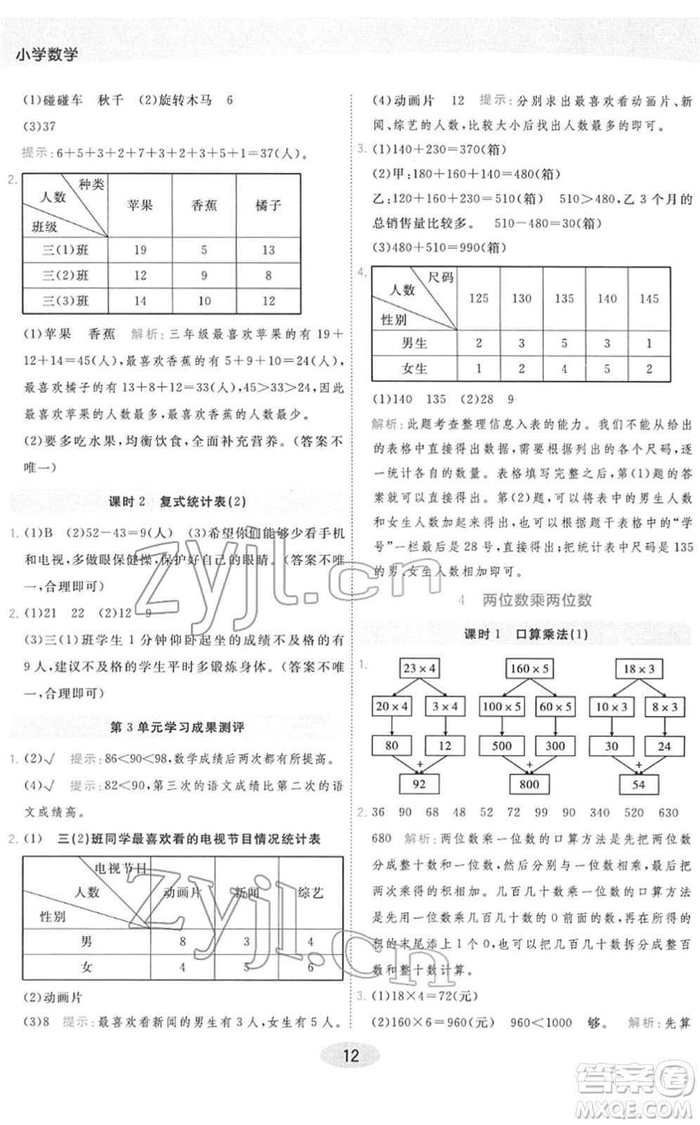 陜西師范大學出版總社2022黃岡同步練一日一練三年級數學下冊RJ人教版答案