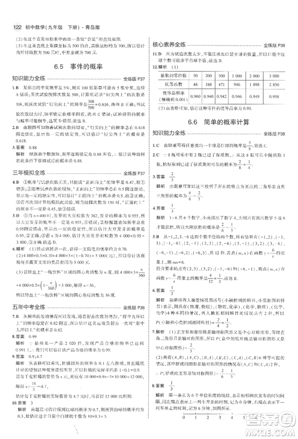 首都師范大學出版社2022年5年中考3年模擬九年級數(shù)學下冊青島版參考答案