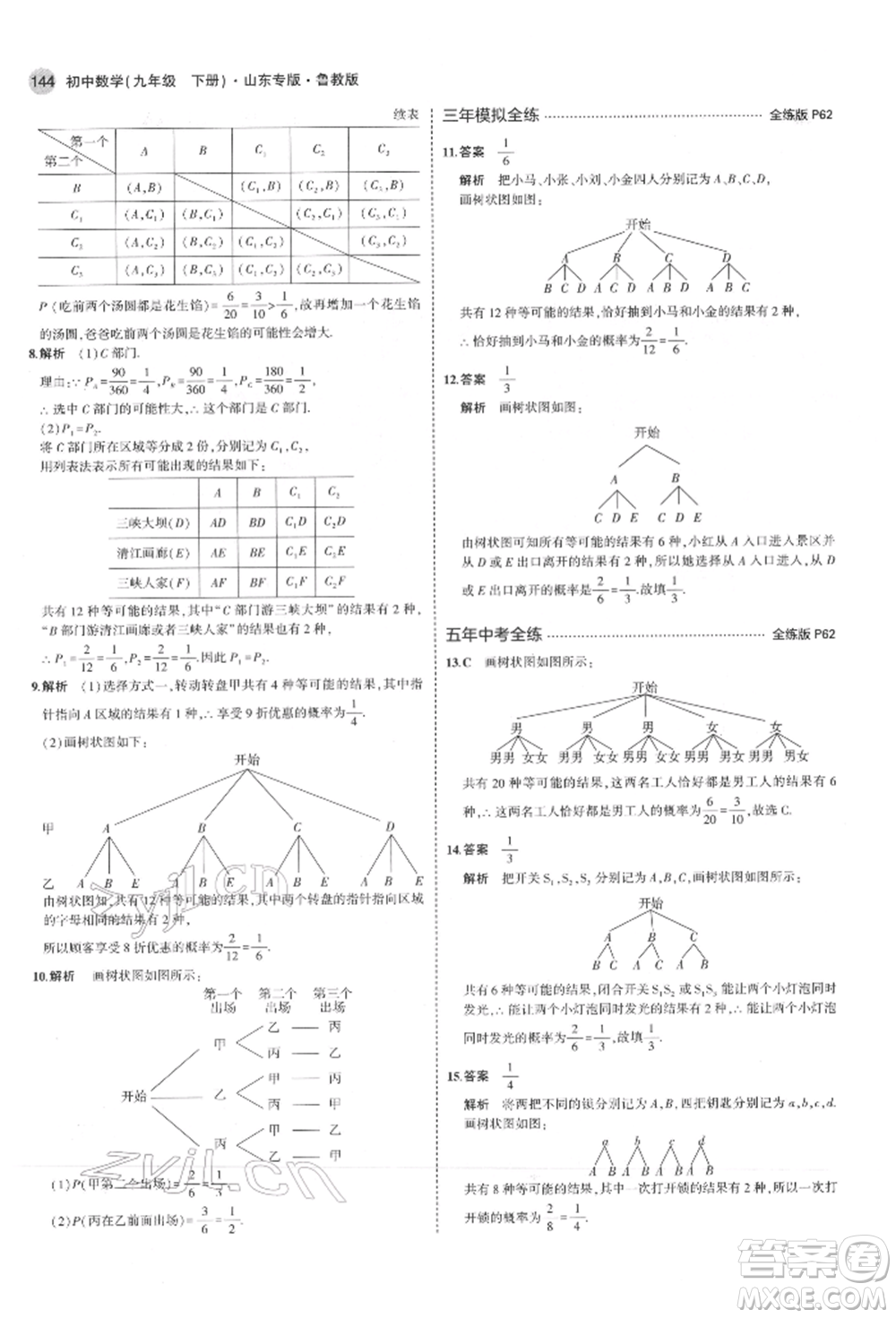 教育科學(xué)出版社2022年5年中考3年模擬九年級(jí)數(shù)學(xué)下冊(cè)魯教版山東專(zhuān)版參考答案