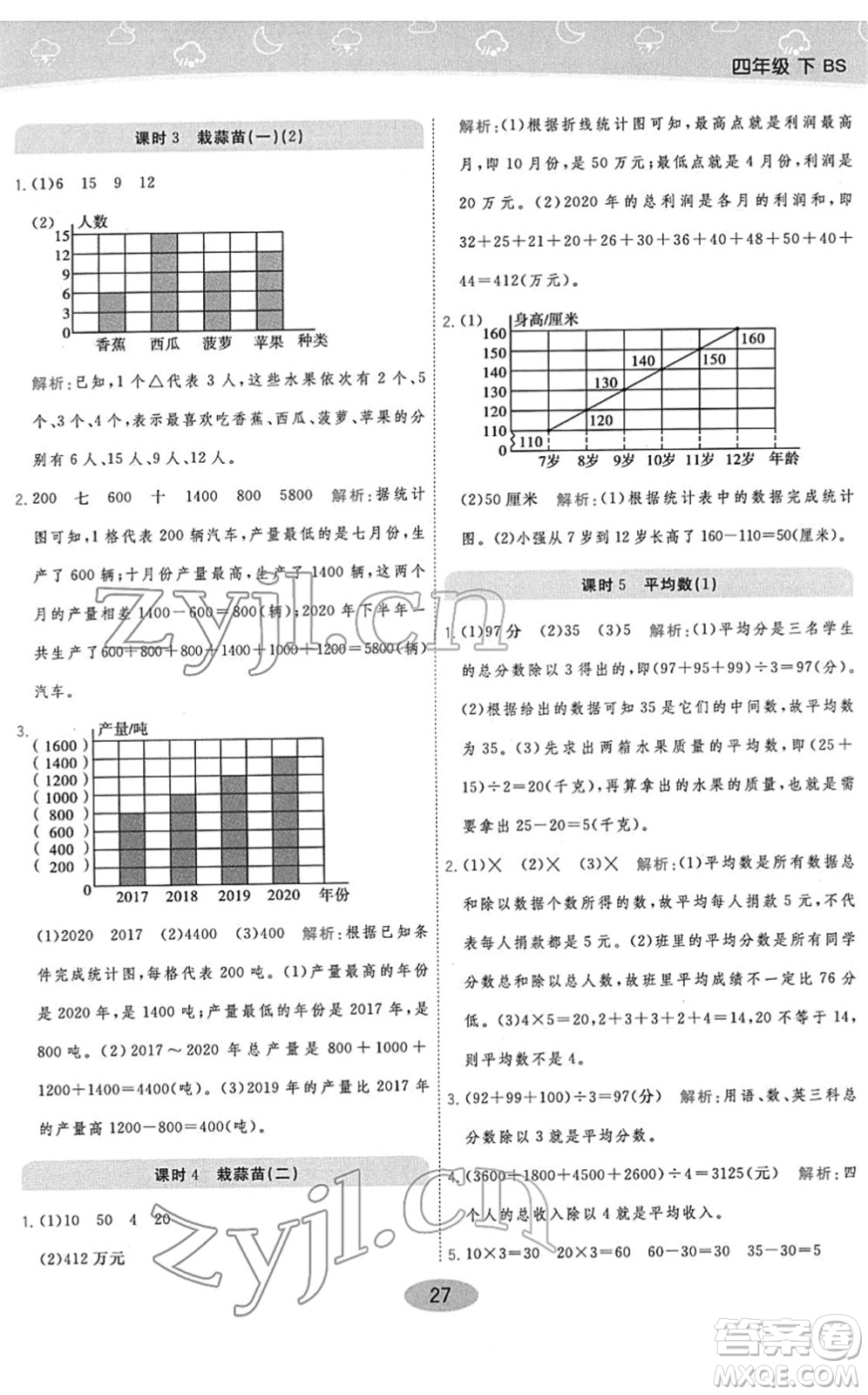 陜西師范大學(xué)出版總社2022黃岡同步練一日一練四年級數(shù)學(xué)下冊BS北師版答案