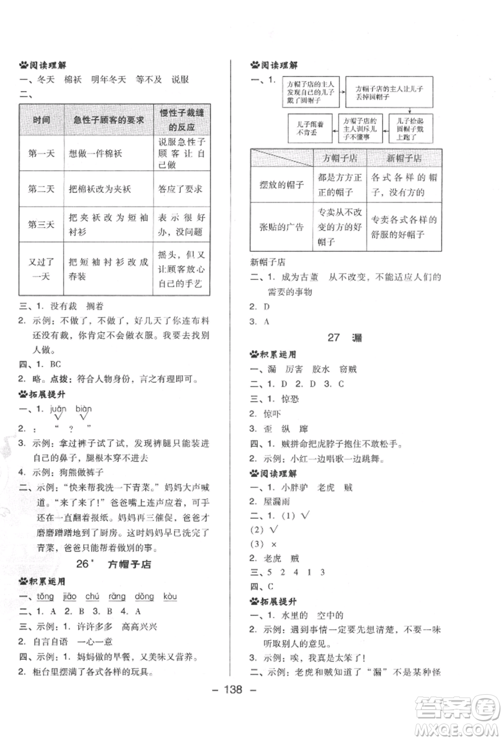 陜西人民教育出版社2022典中點綜合應用創(chuàng)新題三年級語文下冊人教版福建專版參考答案