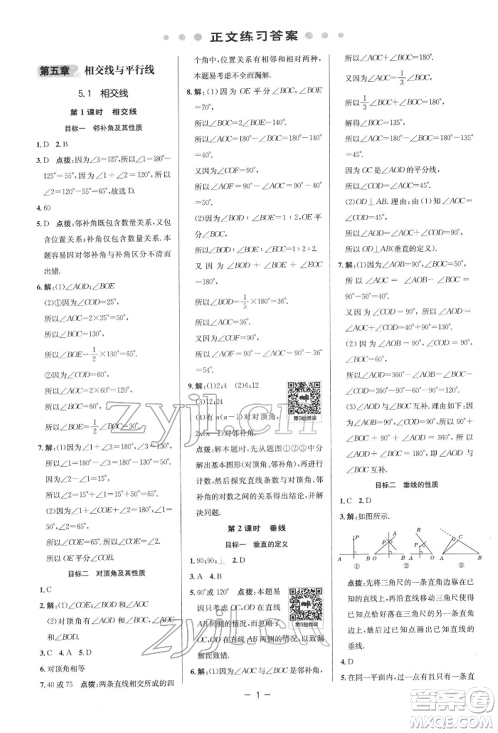 陜西人民教育出版社2022典中點綜合應用創(chuàng)新題七年級數(shù)學下冊人教版參考答案