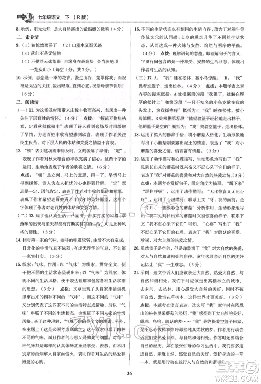 陜西人民教育出版社2022典中點(diǎn)綜合應(yīng)用創(chuàng)新題七年級語文下冊人教版參考答案