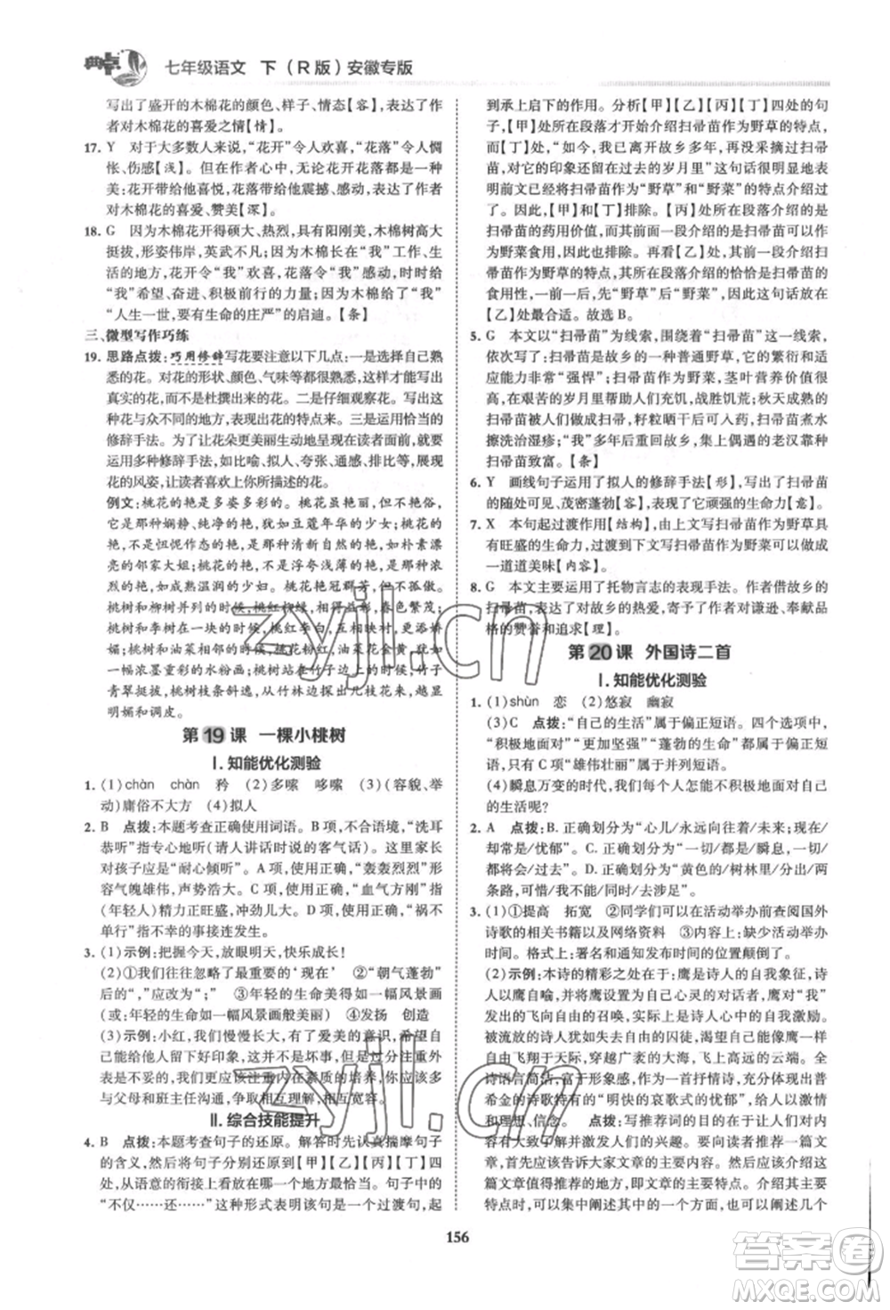 吉林教育出版社2022典中點(diǎn)綜合應(yīng)用創(chuàng)新題七年級(jí)語文下冊人教版安徽專版參考答案