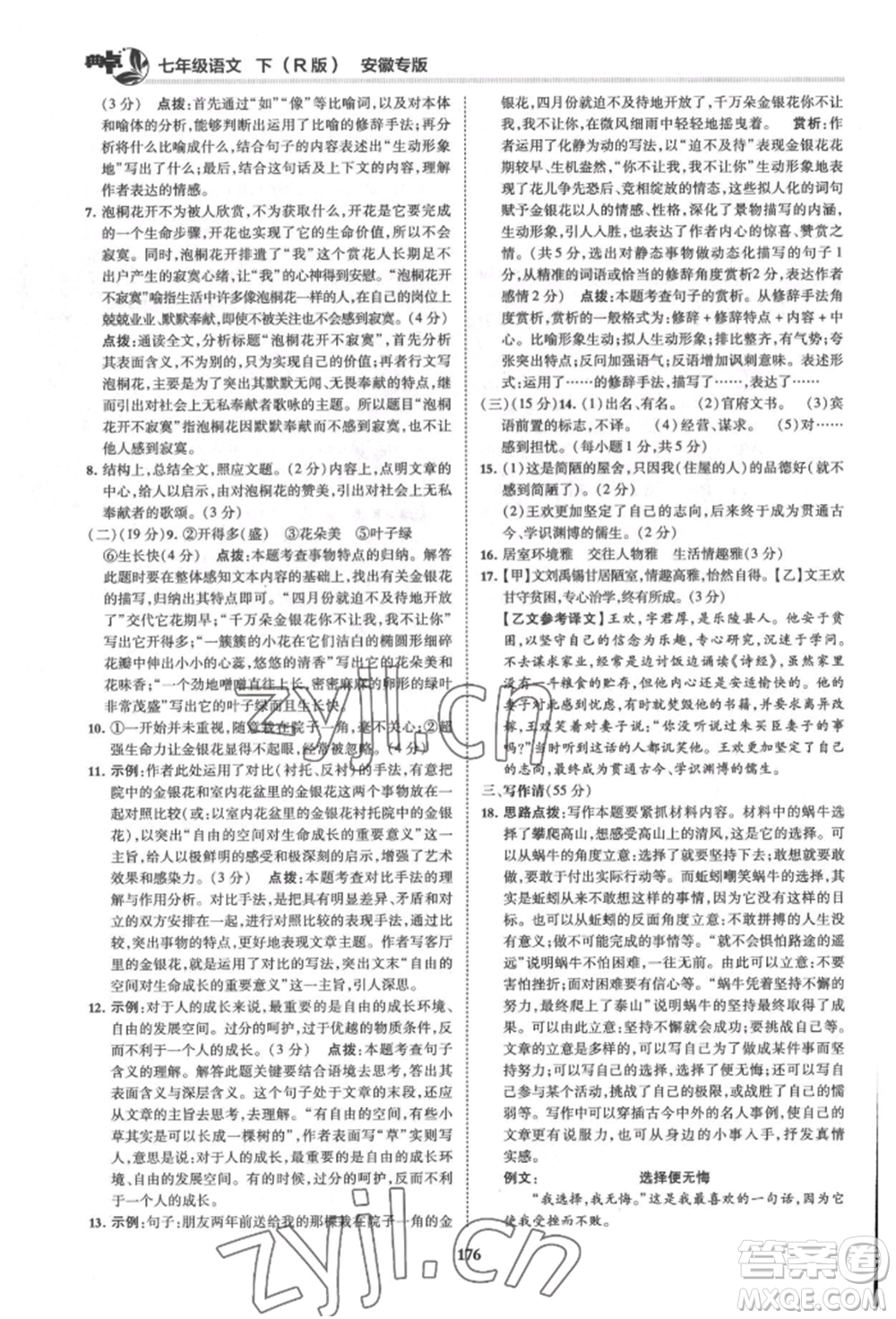 吉林教育出版社2022典中點(diǎn)綜合應(yīng)用創(chuàng)新題七年級(jí)語文下冊人教版安徽專版參考答案