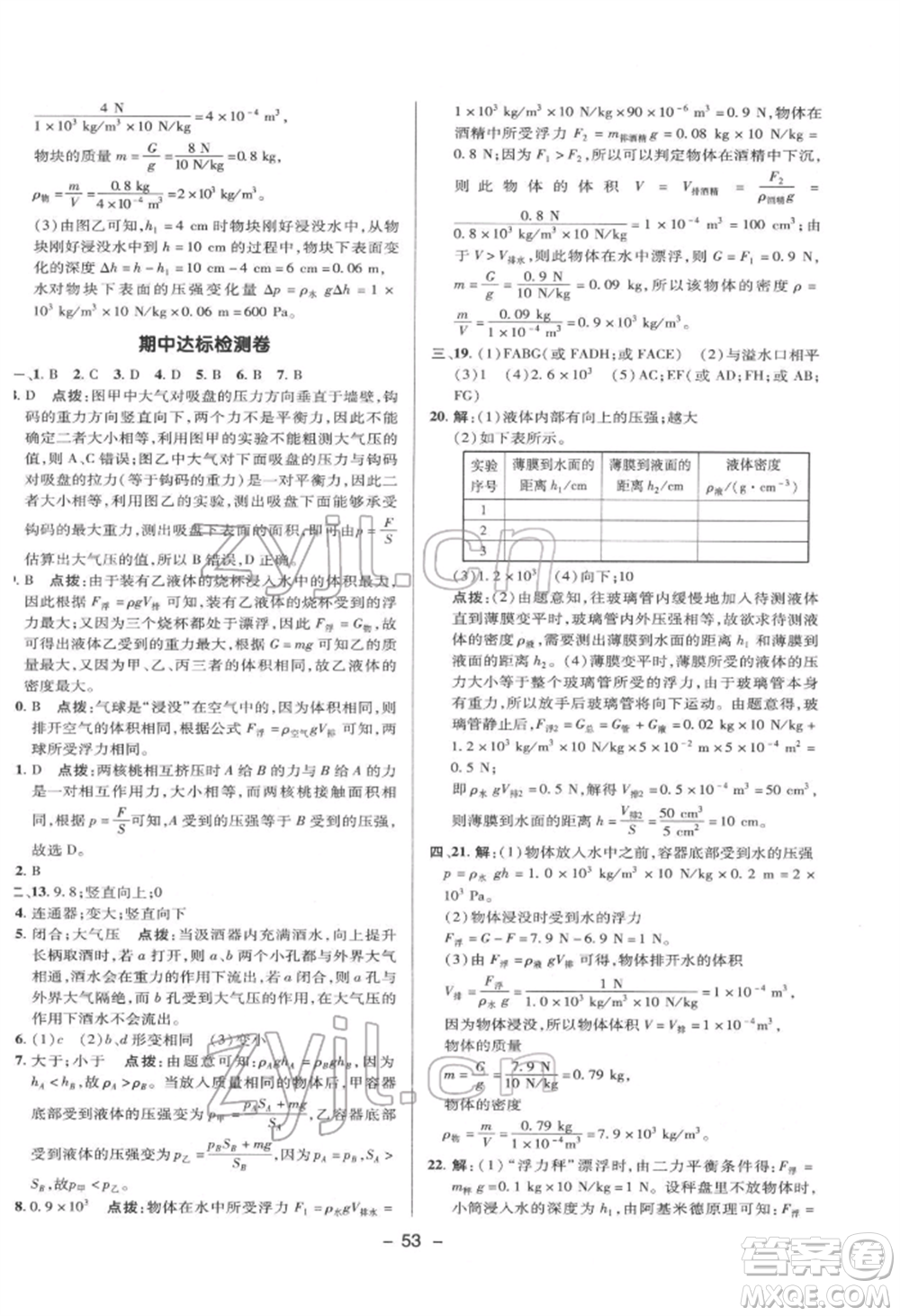 陜西人民教育出版社2022典中點綜合應用創(chuàng)新題八年級物理下冊滬科版參考答案