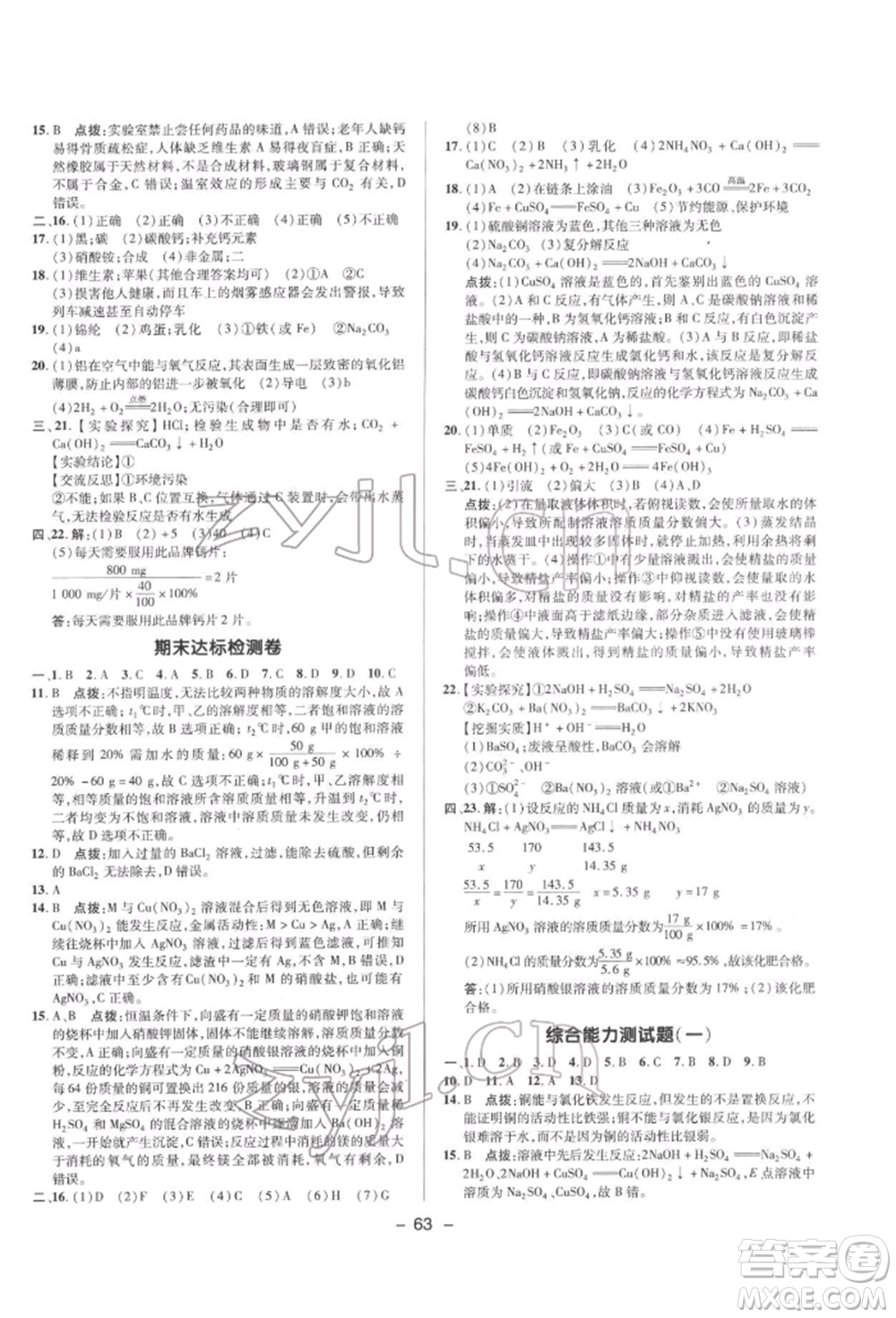 陜西人民教育出版社2022典中點綜合應(yīng)用創(chuàng)新題九年級化學(xué)下冊科粵版參考答案