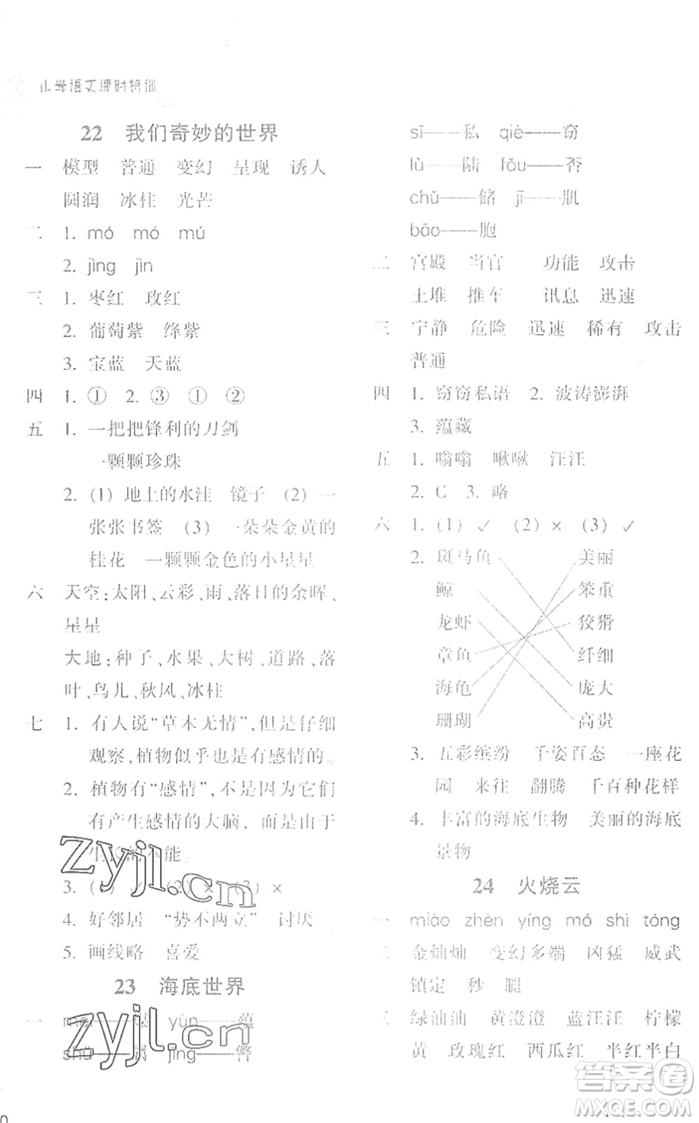 浙江教育出版社2022小學(xué)語文課時(shí)特訓(xùn)三年級下冊R人教版答案