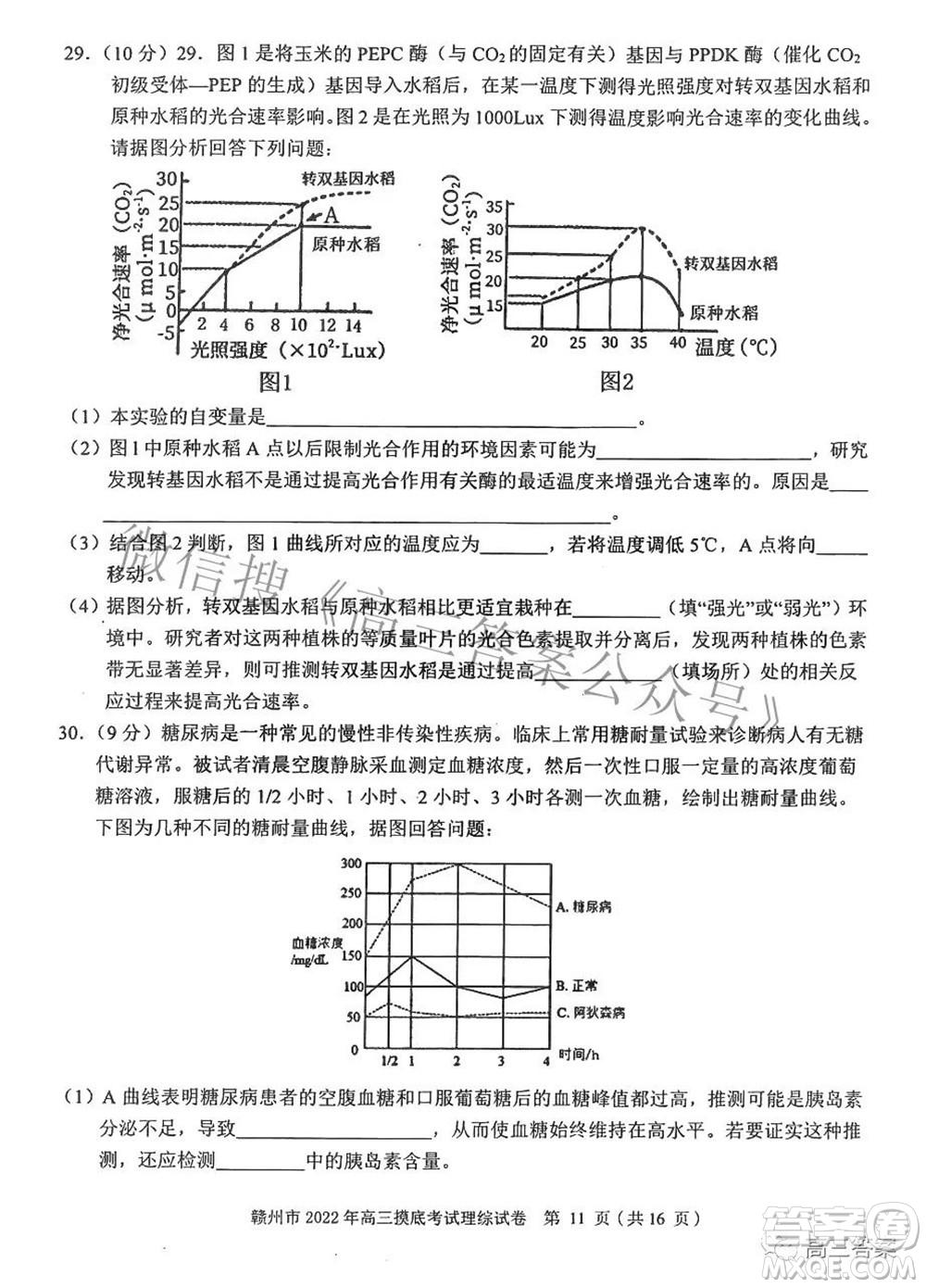 贛州市2022年高三年級(jí)摸底考試?yán)砜凭C合試題及答案