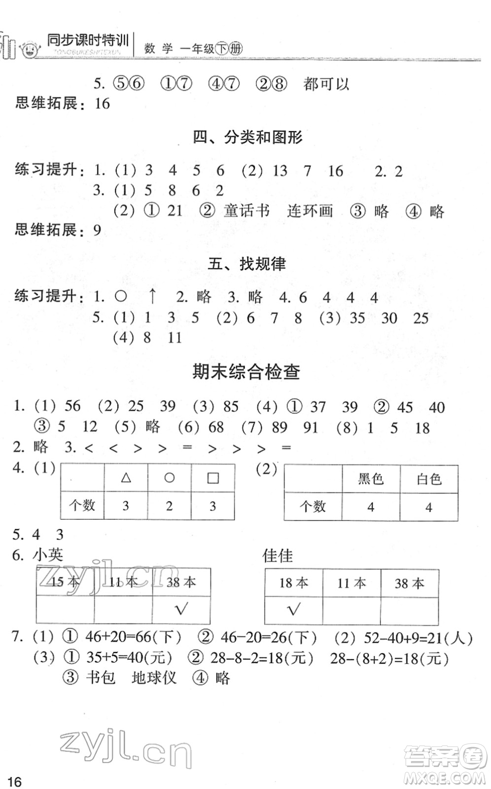 浙江少年兒童出版社2022同步課時(shí)特訓(xùn)一年級(jí)數(shù)學(xué)下冊R人教版答案